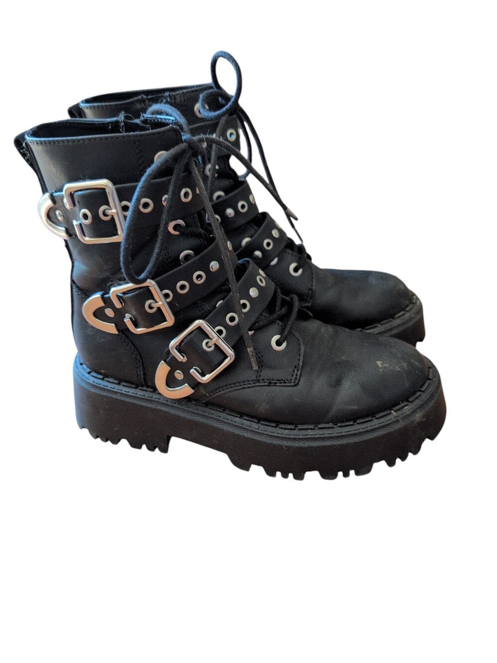 Zara Girls Combat Boots AU 13 / EU 32 Black Platform Lug Sole Triple Buckle Moto